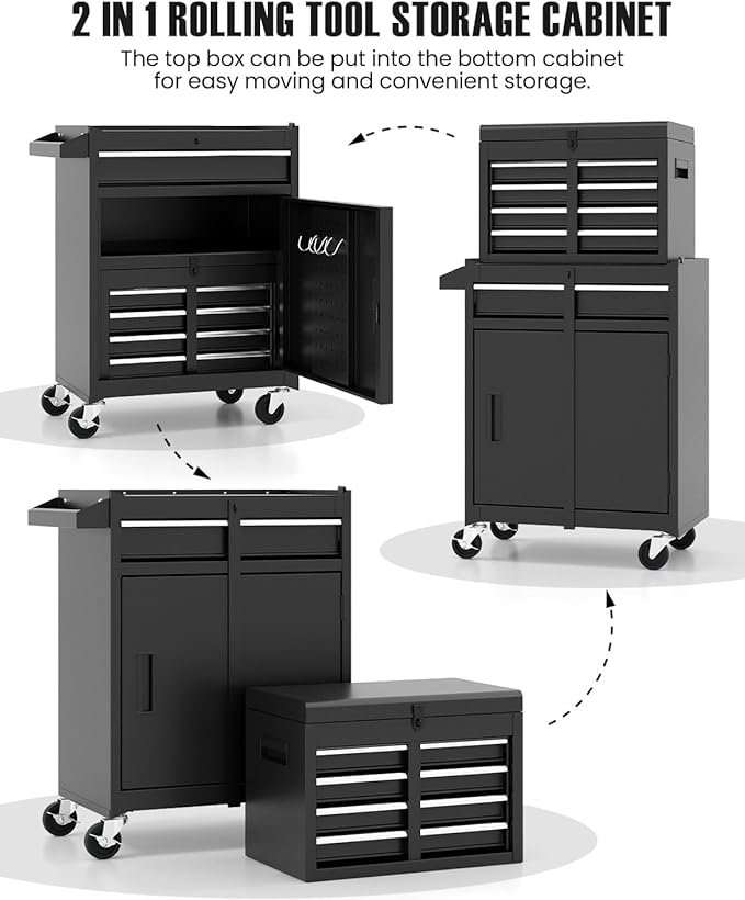 ARNOT 2-in-1 Rolling Tool Chest with 5 Drawers, Heavy-Duty Metal Tool Box with Wheels, Detachable Top Tool Box & Rolling Tool Cabinet for Garage, DIY (5-Drawers, Black)