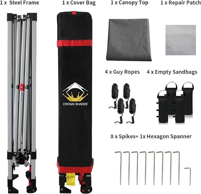 CROWN SHADES 10x10 Pop Up Canopy, Patented Center Lock One Push Tent Canopy, Newly Designed Storage Bag, 8 Stakes, 4 Ropes (10x10, Grey)