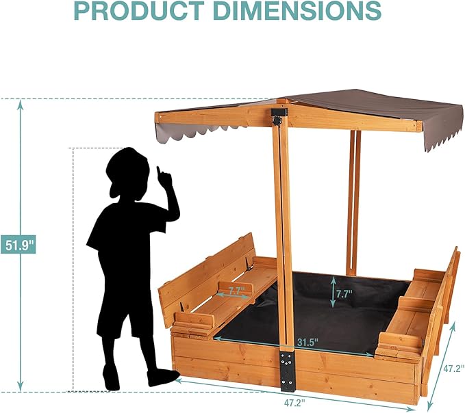 Large Wooden Kids Sand Box with Cover,Sandbox with Lid Foldable Beench Seats,Sand Boxes for Backyard Garden, Beach Patio Outdoor