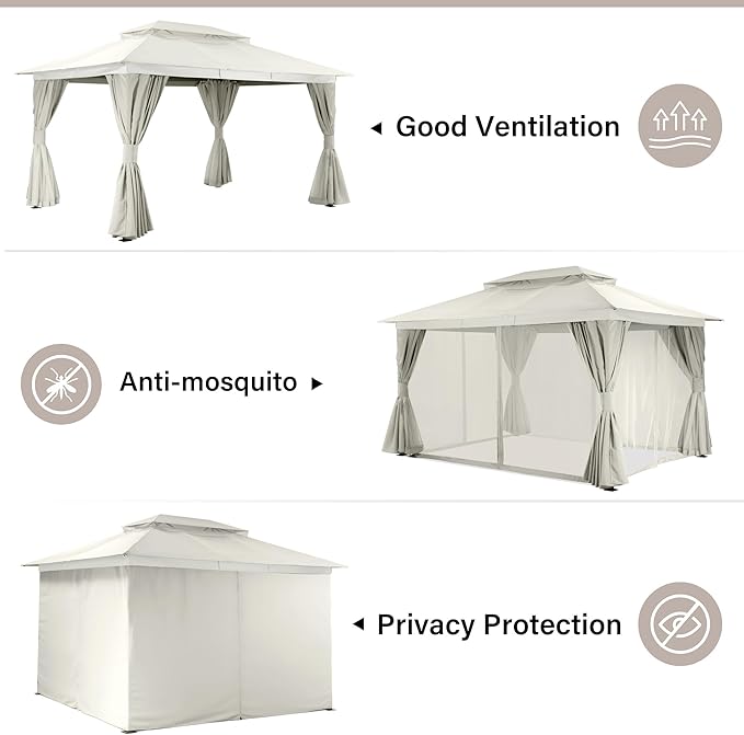 LAUSAINT HOME Semi-Permanent Patio Gazebo 10'x13' with Expansion Bolts, Outdoor Heavy Duty Party Tent with Double Roofs, Mosquito Nettings and Privacy Screens for Backyard, Garden, Lawn, Cream White
