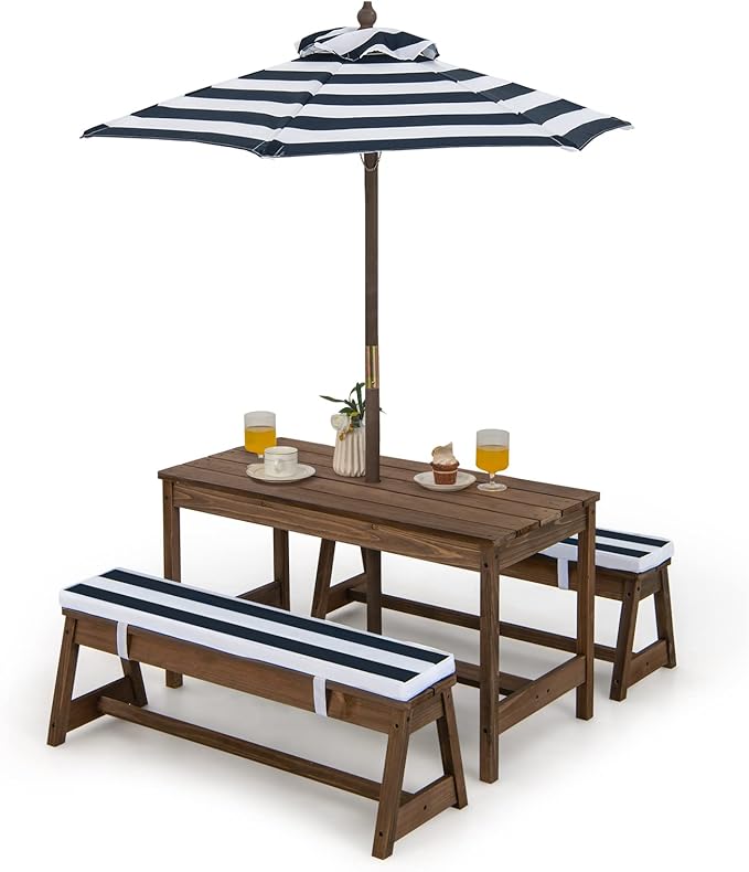 Costzon Kids Picnic Table, Toddler Wood Table & Chair Set w/Cushions, Height Adjustable Umbrella, Children Activity Table Outdoor Furniture Set for Patio, Garden, Backyard, Gift for Ages 3-8 (Blue)