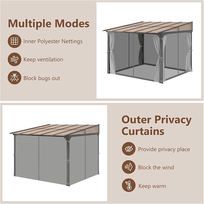 10'x10' Gazebo, Wall Mounted Gazebo with Aluminum Frame, Curtains and Netting for Patio,Decks, Garden and Lawn