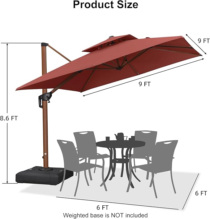 PURPLE LEAF 9ft Patio Umbrella Outdoor Square Umbrellas Large Cantilever Umbrella Windproof Offset Umbrellas Heavy Duty Sun Umbrella for Garden Deck Pool Patio, Brick Red