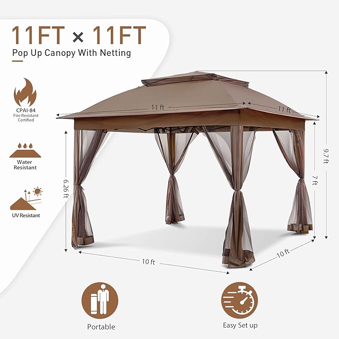 COOS BAY 11x11 Pop Up Gazebo with Mesh Netting, Instant Outdoor Canopy Tent, Water Resistant Shelter with UPF 50+ UV Protection, 121 Sq Ft Coverage, Brown