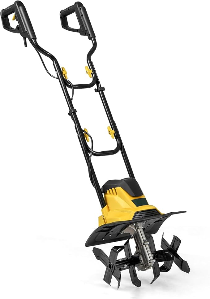 Goplus Corded Electric Tiller Cultivator, 10 Amp Powerful Foldable Garden Rototiller w/ 14 Inch Tilling Width & 9 Inch Working Depth, Safety Lock, Gardening Machine for Lawn Soil Digging