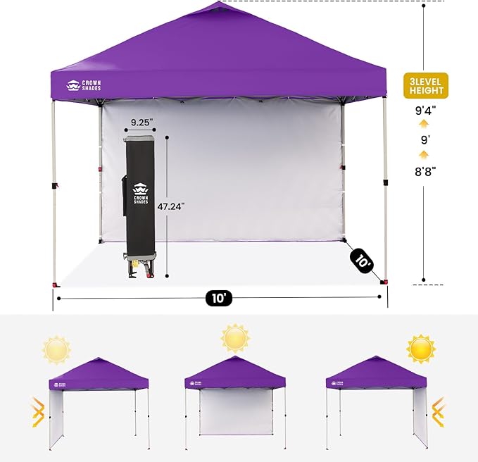 CROWN SHADES 10x10 Pop Up Canopy with 1 Side Wall - Beach Tent with One Push Setup - Outdoor Sun Shade for Events, Parties, Camping - Gazebo with STO-N-Go Cover Bag (Purple)
