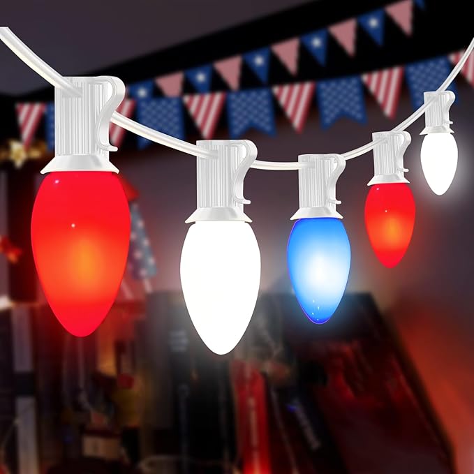 Red White and Blue String Lights,25FT Waterproof LED Fourth of July Lights with 28 C7 LED Bulbs(3 Spare),Patriotic String Lights for Inauguration Decorations Independence Day Party Hoilday Decor