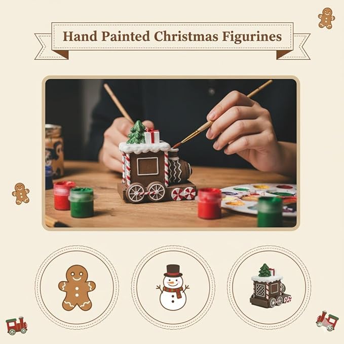 Christmas Train Resin Figurine with Smoke Chimney – Gingerbread-Style Holiday Train with Snowman, Candy Wheels, and Gift Decor – 4.2” Festive Tabletop Decoration (Train)