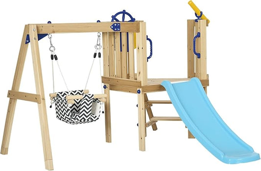 Outsunny Swing Set for Backyard, Wooden Toddler Outdoor Playset with Baby Swing Seat, Kids Slide, Fort, Playground Equipment with Captain's Wheel, Telescope for Ages 1.5-4, Natural