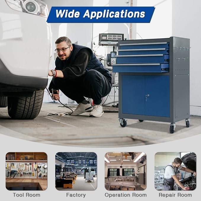 13-Drawer Tool Chest with Double Door and Wheels, Large Detachable Tool Box with Sliding Drawers, Mechanic Toolbox Storage Cabinets, Metal Tool Cart for Garage Workshop (Blue£¦Grey)
