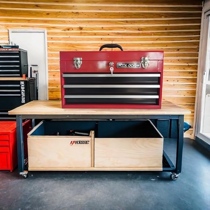 20.3¡° Metal Tool Box with Drawer Portable Steel Tool Box with Protective Liner and Latch Closure and Lock for Garage, Home and Warehouse (Red & Black-3 Drawers)
