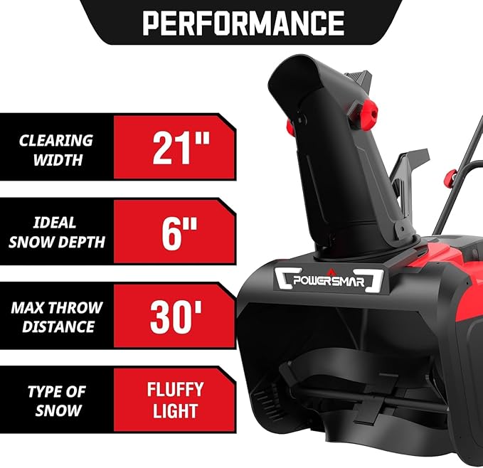 PowerSmart 21" Electric Snow Blower,15 Amp Motor, 2100 RPM, 30 ft Throwing Distance, LED Light for Enhanced Visibility, Corded Design