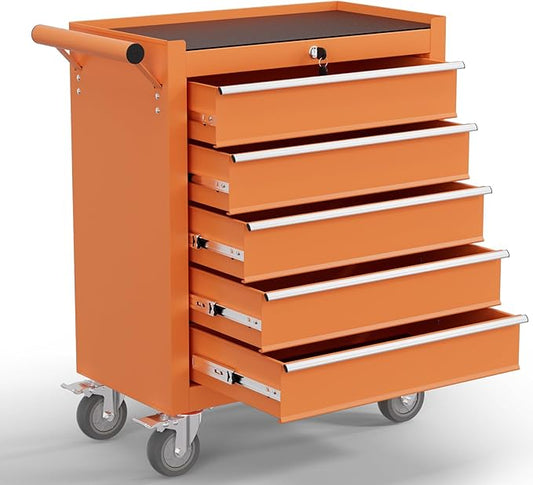 5-Drawer Tool Chest,Rolling Tool Cart with Wheels,High Capacity Tool Cabinet with Locking System for Garage, Warehouse, Workshop-Orange
