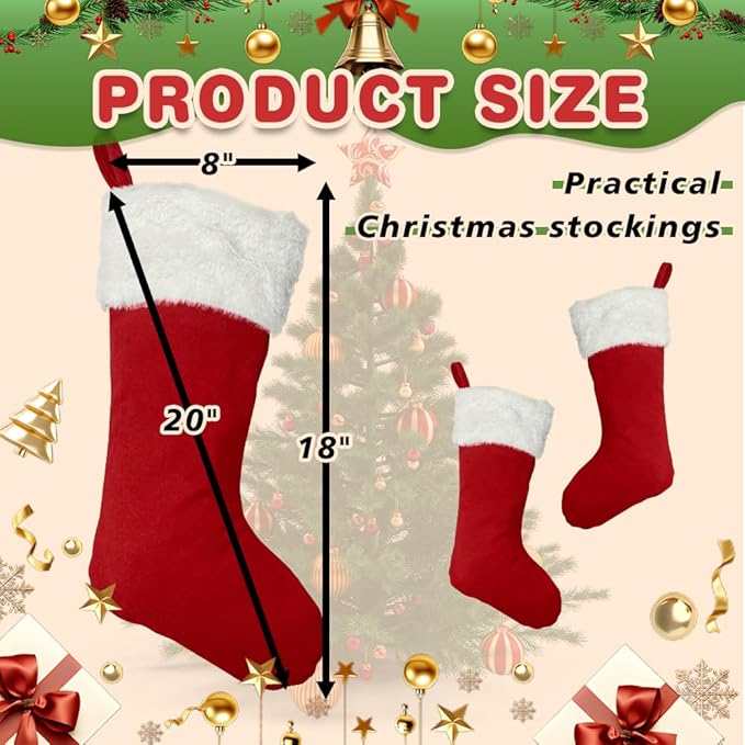 6Pack Red Christmas Stockings Traditional 20 Inch Large Vintage Christmas Stocking Polyester Plush Luxury Xmas Stocking for Family Holiday Party Decor and Xmas Tree Fireplace Mantle Pet