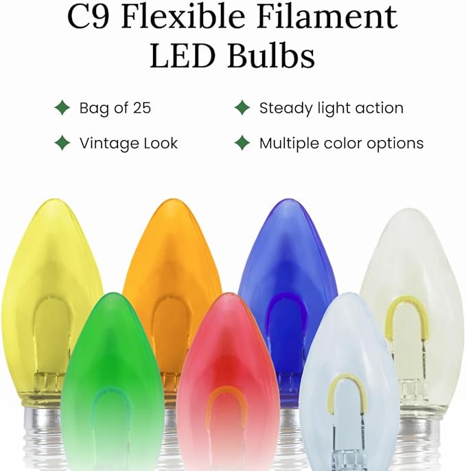 Pro Christmas C9 LED U Shape Flexible Filament Bulb - Pro Pack of 25 Bulbs - Energy Efficient Outdoor Waterproof Lighting for Holiday Decor, Christmas Trees - Pure White