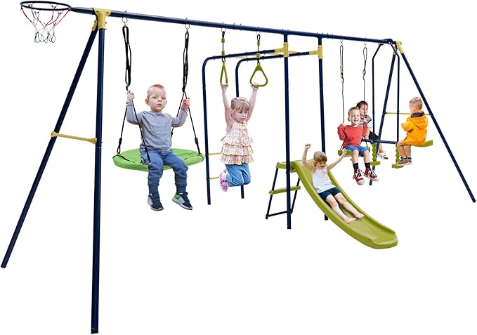 GLACER 7-in-1 Kids Swing Set w/ 2 Swings, Slide, Fun Glider, Gym Rings, Monkey Bars, Basketball Hoop, 660 LBS Swing Set for Kids, Heavy Duty Play Set for Backyard, Garden, Park