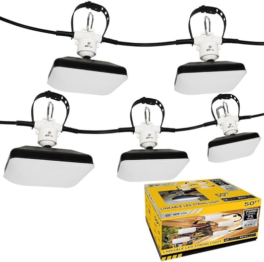 50FT LED Work Light 7500 Lumen 75W LED Damp Location Construction String Lights Linkable for Jobsite Lighting, Adjustable, ETL Listed (5 Light Heads) (7500 Lumen)