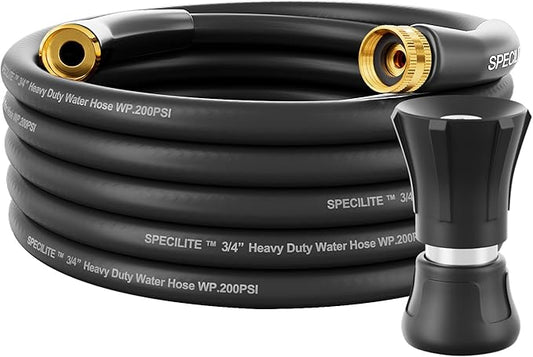 SPECILITE 3/4 Garden Hose 25 ft with High Flow Nozzle, Heavy Duty Flexible Hybrid Rubber Water Hose for Outdoor, Lightweight, Leak-Proof, No-Kink, 3/4Brass Fittings,Black