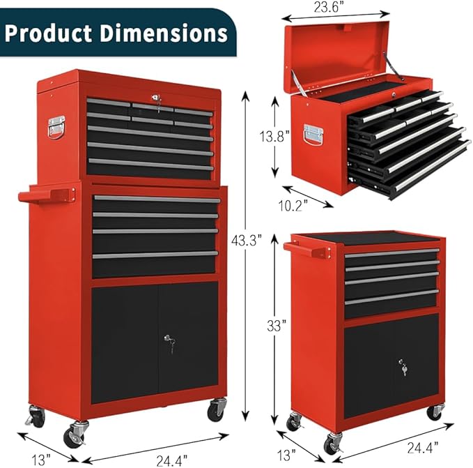 13-Drawer Rolling Tool Chest with Double Door, Extra Large Storage Cabinets with Tool Box, 2-in-1 Detachable Design, 600 lbs Capacity with Lockable Wheels for Garage, Mechanic & Home Use (Red£¦Black)