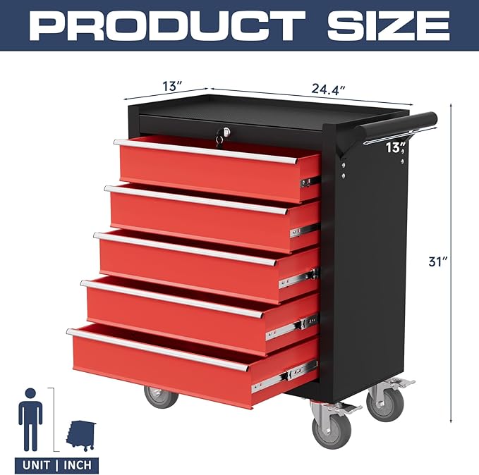 5-Drawer Tool Chest,Rolling Tool Cart with Wheels,High Capacity Tool Cabinet with Locking System for Garage, Warehouse, Workshop-Black&Red