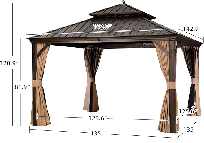 PURPLE LEAF 12' X 12' Outdoor Hardtop Gazebo Permanent Outside Heavy Duty Sun Shade Deck Canopy for Patio All Weather Aluminum Metal Roof Backyard Pavilion with Netting and Curtains