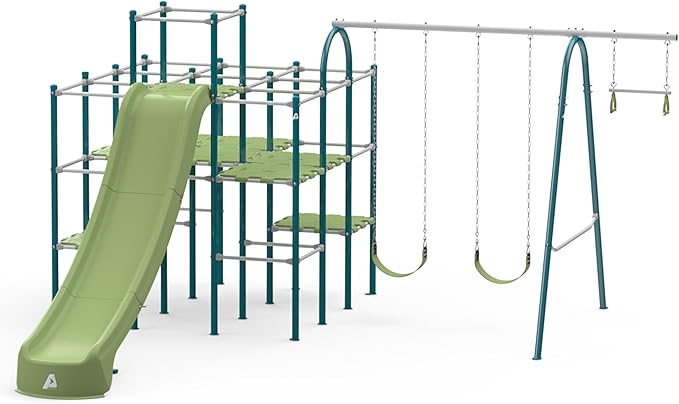 Modular Jungle Gym Set for Kids by ACTIVPLAY, Outdoor Playset, Swing, Slide, Rust Resistant, No Pinch Joints, Adjustable Platforms with Safety Grooves, Heavy Duty Metal Frame