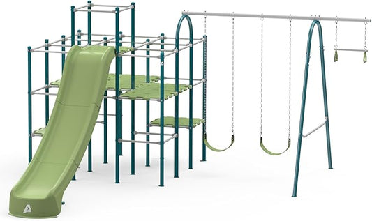 Modular Jungle Gym Set for Kids by ACTIVPLAY, Outdoor Playset, Swing, Slide, Rust Resistant, No Pinch Joints, Adjustable Platforms with Safety Grooves, Heavy Duty Metal Frame