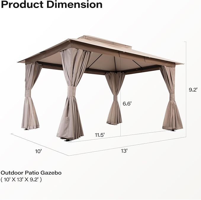 LAUSAINT HOME 10x13ft Outdoor Patio Gazebo with Double Roof, Heavy Duty Waterproof Gazebo Canopy Tent with Mosquito Netting for Backyard, Garden, Lawn & Wedding, Champagne