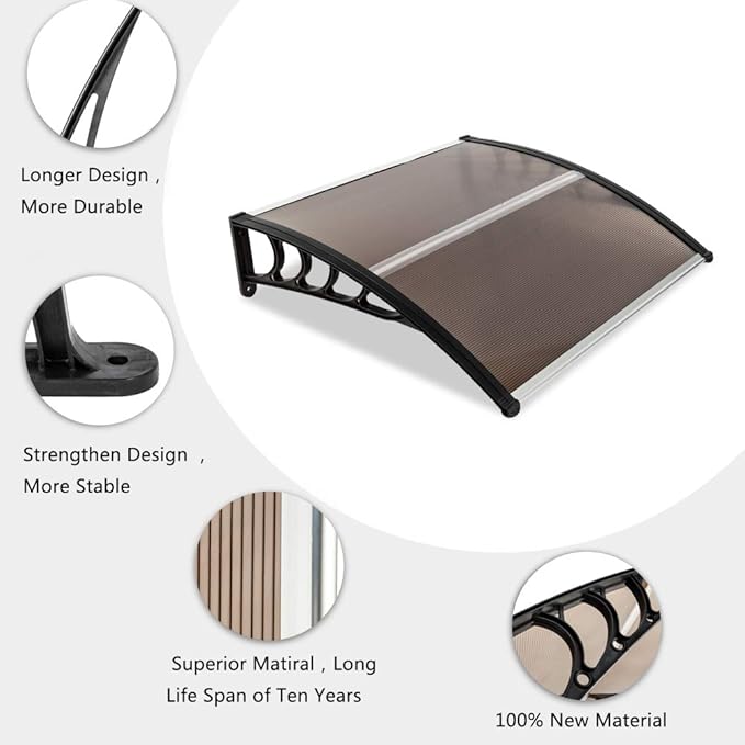 Window Awning Door Canopy Exterior- 38" x 40" Aluminum Door Awning, Polycarbonate Cover Patio Canopy Awning for House, Outside, Rain Snow & UV Resistant (Brown Board & Black Bracket)