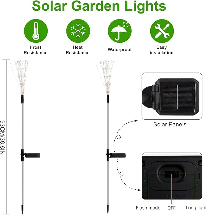 2 Pack Solar Firework Lights Outdoor, 175 LED Garden Lights with 2 Modes, Waterproof DIY Copper Wire Solar Starburst Light for Yard Wedding Patio Halloween Christmas Decor（Warm White）