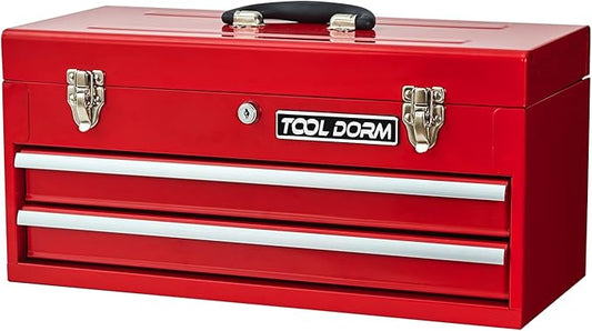 20.3¡° Metal Tool Box with Drawer Portable Steel Tool Box with Liner and Latch Closure and Lock for Garage, Home and Warehouse (Red-2 Drawers)