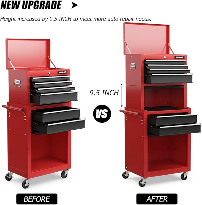 IRONMAX Tool Cabinet on Wheels, 6-Drawer Lockable Rolling Tool Chest w/ 4 Universal Wheels, 2 in 1 Detachable Tool Box Storage Organizer for Garage Workshop Repair Shop, Black & Red