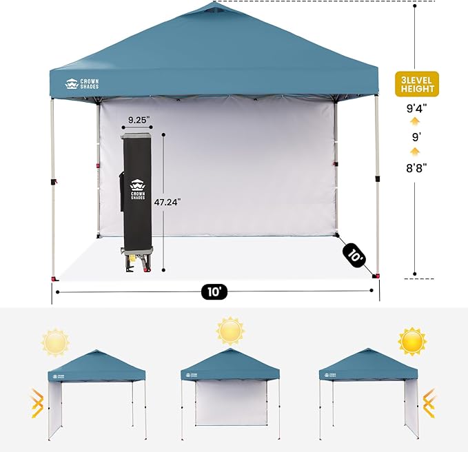CROWN SHADES 10x10 Pop Up Canopy with 1 Side Wall - Beach Tent with One Push Setup - Outdoor Sun Shade for Events, Parties, Camping - Gazebo with STO-N-Go Cover Bag (Cyan Blue)