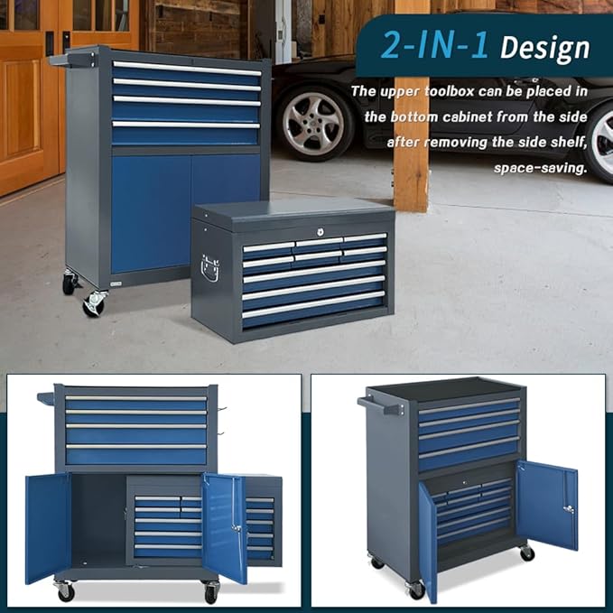13-Drawer Rolling Tool Chest with Double Door, Extra Large Storage Cabinets with Tool Box, 2-in-1 Detachable Design, 600 lbs Capacity with Lockable Wheels for Garage, Mechanic & Home Use (Blue£¦Grey)