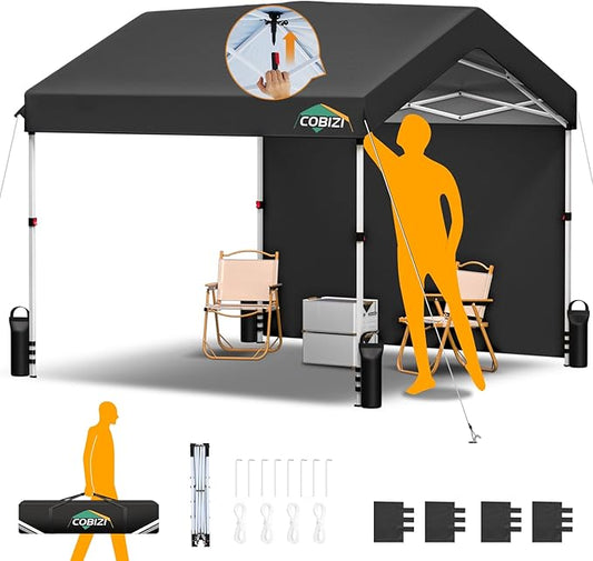 COBIZI 10x10 Pop Up Canopy with One Button Push Center Lock,Ez Up Portable Carport Without sidewall,Waterproof UV50+ Outdoor Party Commercial Carport Canopy with Carry Bag(10 x 10 ft Black)