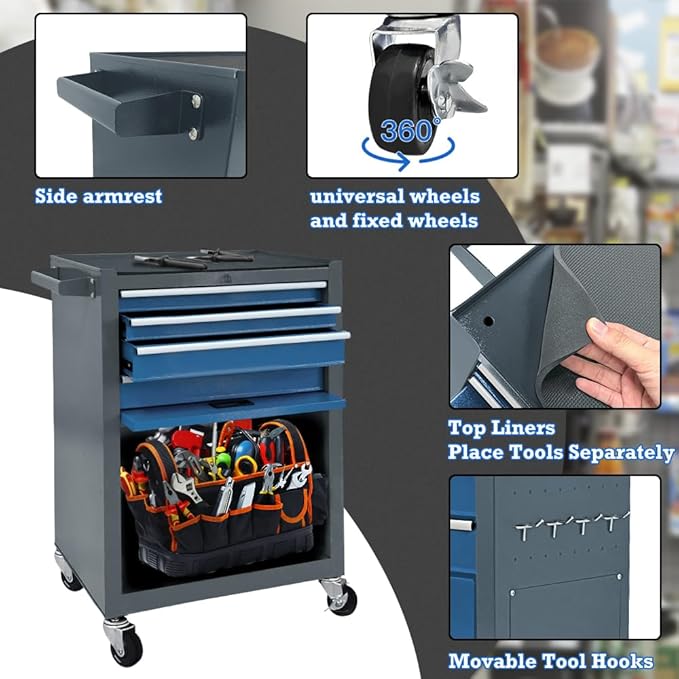 13 Drawers Tool Chest with Wheels,Large Capacity Tool Storage Cabinet with Removable Top Toolbox, Locking Mechanical Tool Cart with Liner,Suitable for Garages, Warehouses-Blue&Grey