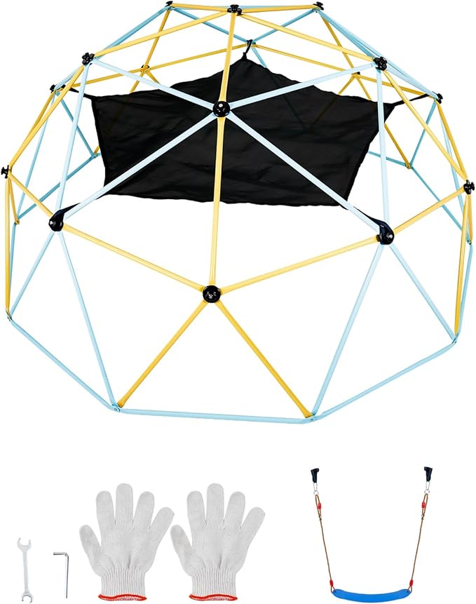 VEVOR Climbing Dome, 10FT Jungle Gym with Hammock and Swing, Geometric Dome Climber Supports 750LBS and Easy Assembly for Kids 3 to 10 Years Old, with Climbing Grip, Outdoor Backyard Play Equipment