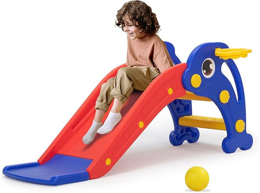 3 in 1 Toddler Slide, Baby Slide Plastic Climber Playset with Basketball Hoop and Ball, Indoor and Outdoor Playground for Kids Red