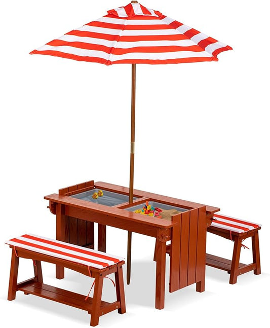 Kids Picnic Table with Umbrella, Outdoor Wooden Table & Bench Set w/Cushions & 2 Removable Boxes, 4-in-1 Children Sand and Water Activity Furniture w/Storage Cover for Patio, Garden
