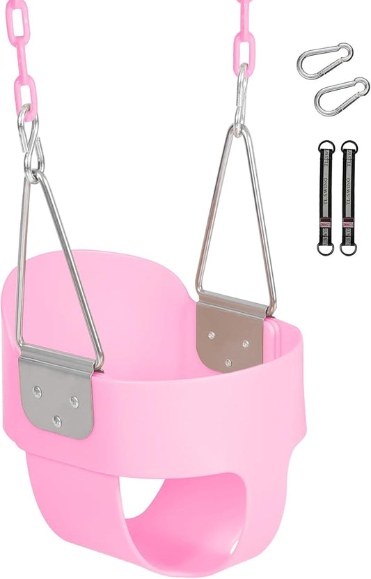 Toddler Swing Seat with Coated Chains, Heavy Duty Kids High Back Bucket Swings with Tree Straps and Hooks for Outdoor, Playground, Backyard, Swing Set Accessories by Domaker, Pink