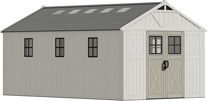 Devoko 10 x 16 FT Resin Outdoor Storage Shed, Extra Large Plastic Shed with Skylight, Floor and Lockable Door, Storage Bike, Tools, Lawn Mower for Garden, Backyard, Patio, Beige