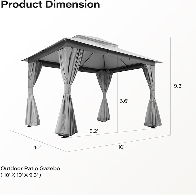 LAUSAINT HOME 10x10ft Outdoor Patio Gazebo with Double Roof, Heavy Duty Waterproof Gazebo Canopy Tent with Mosquito Netting for Backyard, Garden, Lawn & Wedding, Grey