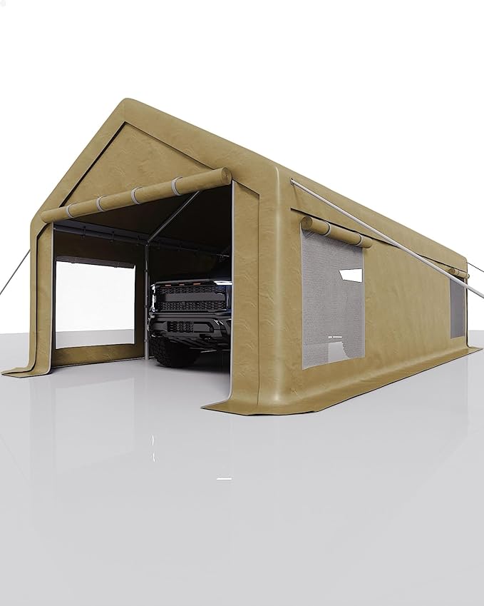 13X25 FT Portable Carport Garage with Roll-Up Windows & Doors, Heavy-Duty 200g PE Tarp, Waterproof & UV Protected Outdoor Shelter for Car, Boat, Truck, Motorcycle