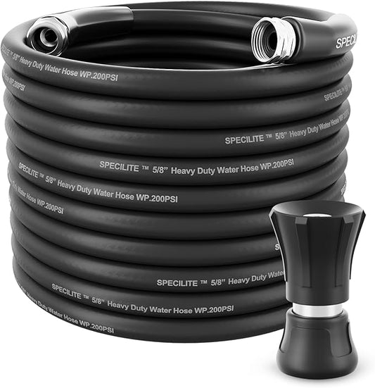SPECILITE 5/8 Garden Hose 100 ft with High Flow Nozzle, Heavy Duty Flexible Hybrid Rubber Water Hose for Outdoor, Lightweight, Leak-Proof, No-Kink, 3/4Stainless Steel Fittings,Black