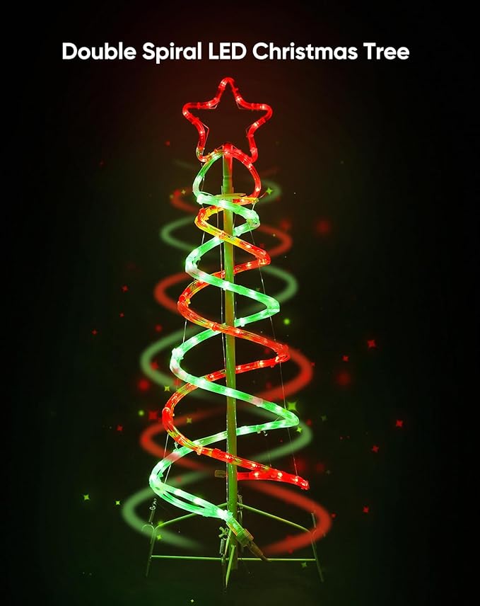 Double Spiral Christmas Tree Light Outdoor, Outdoor Light Up Christmas Tree with 8 Mode Controller, 120V Plug&Play ETL Waterproof for Xmas New Year Yard Garden, Red&Green, 5FT