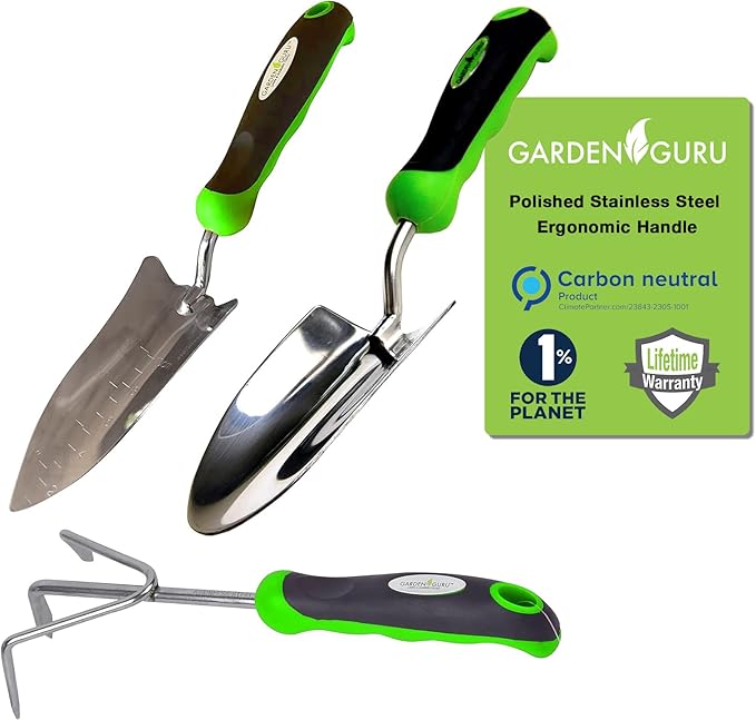 Garden Guru Garden Tool Set 3pc Hand Trowel Transplanter Cultivator ? Heavy Duty Rust Resistant Stainless Steel - Ergonomic Comfort Grip Handle ? Perfect Gardening Tool Kit Gifts for Women & Men