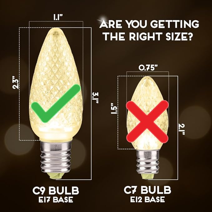 HLO Lighting Set of 25 Warm White C9 Faceted LED Christmas Light Bulbs for Indoor & Outdoor Use | Durable Replacement Bulbs