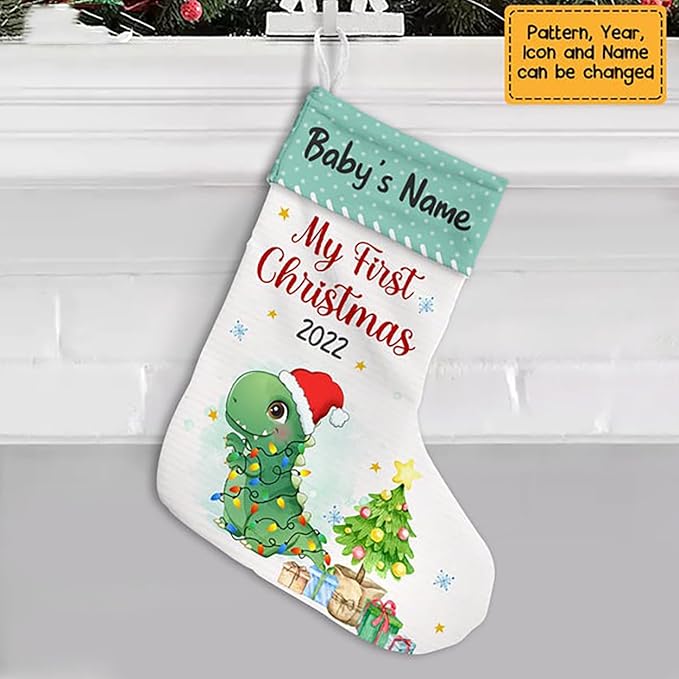 LOVELYPOD Christmas Stockings Personalized with Name, 19" Christmas Stocking Baby Boy Girl First Christmas Dinosaur Stocking 2023, Xmas Stocking Holiday Christmas Decoration Gifts for Family Kids