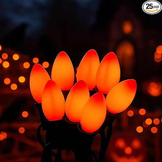 25ft Halloween LED String Lights, 25 C7 Ceramic Orange Bulbs, Energy-Efficient, Waterproof & UL Certified for Outdoor/Indoor Decoration, Spooky Halloween Party Lights with Spare Bulbs