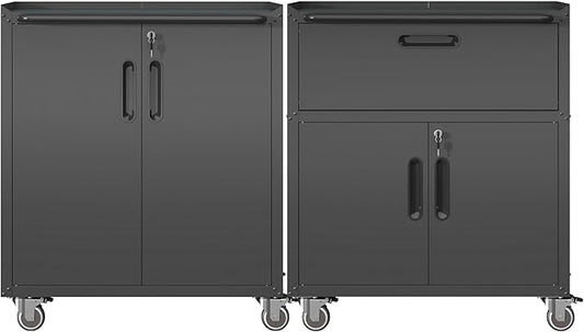 Metal Tool Cabinet,Garage Storage Cabinet System,Wall Cabinet & Locking Rolling Tool Cabinet with Doors and Adjustable Shelves,Steel Tool Cabinets for Home (2 Pcs-StyleB, Black)